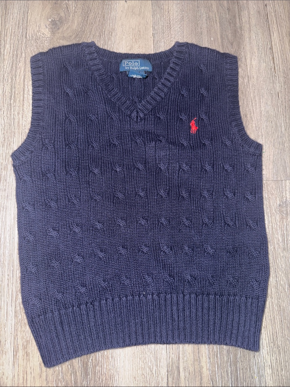 Polo by Ralph Lauren Navy Cable Knit V-Neck Sweater Vest with Red Pony